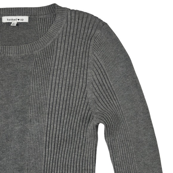 Hooked Up Grey Ribbed Sweater Gold Button Accents XL Henley Soft Stretch - Picture 2 of 12
